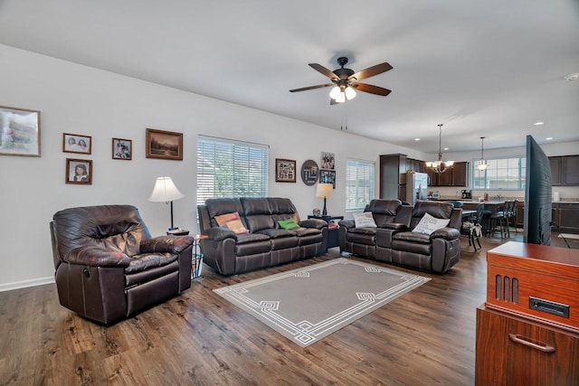 25626 S Geraldine Ct, Channahon, IL 60410 - living area with a chandelier, ceiling fan, dark wood finished floors, recessed lighting, and baseboards