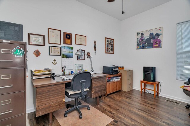 25626 S Geraldine Ct, Channahon, IL 60410 - office space with dark wood finished floors, a ceiling fan, and baseboards
