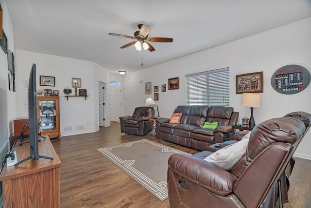 25626 S Geraldine Ct, Channahon, IL 60410 - living room with ceiling fan, wood finished floors, and baseboards
