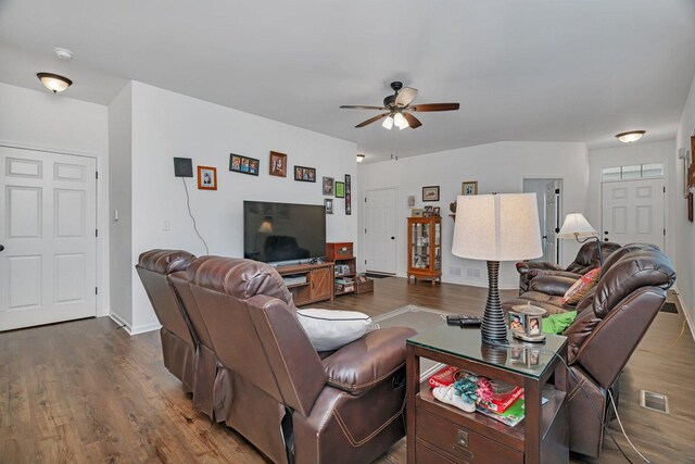 25626 S Geraldine Ct, Channahon, IL 60410 - living room with wood finished floors, a ceiling fan, and baseboards