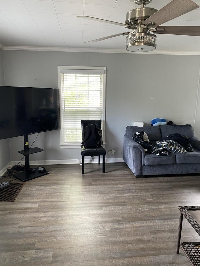 14735 Myrtle Ave, Harvey, IL 60426 - living area with ornamental molding, wood finished floors, and ceiling fan