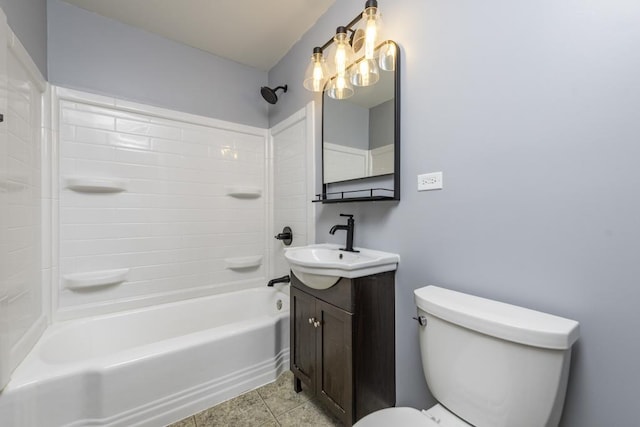 bathroom featuring toilet, vanity, shower / tub combination, and tile patterned flooring