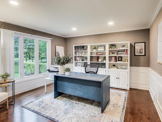1664 Imperial Cir, Naperville, IL 60563 - office space with crown molding, dark wood finished floors, recessed lighting, and wainscoting