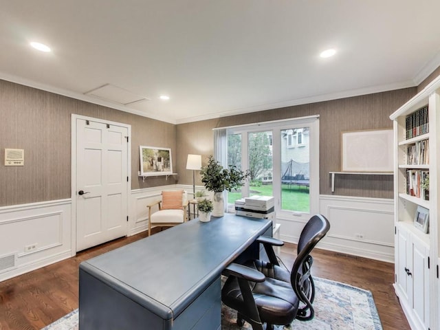1664 Imperial Cir, Naperville, IL 60563 - office space featuring crown molding, dark wood-style floors, a decorative wall, and wainscoting