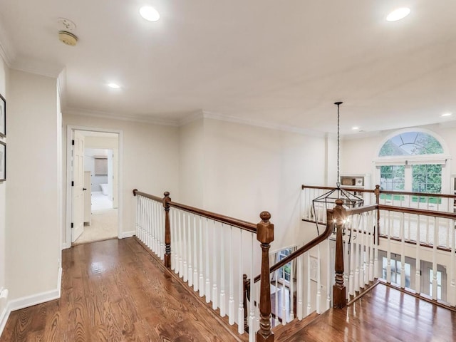 1664 Imperial Cir, Naperville, IL 60563 - hall with an upstairs landing, wood finished floors, recessed lighting, ornamental molding, and baseboards