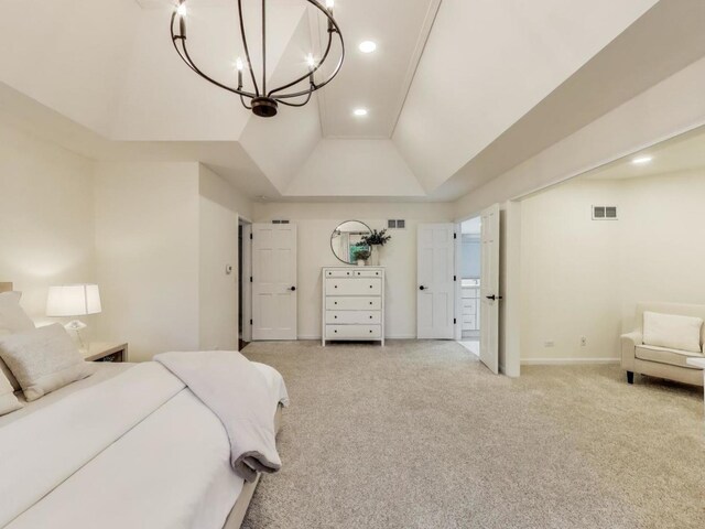 1664 Imperial Cir, Naperville, IL 60563 - bedroom featuring a chandelier, light carpet, vaulted ceiling, recessed lighting, and baseboards