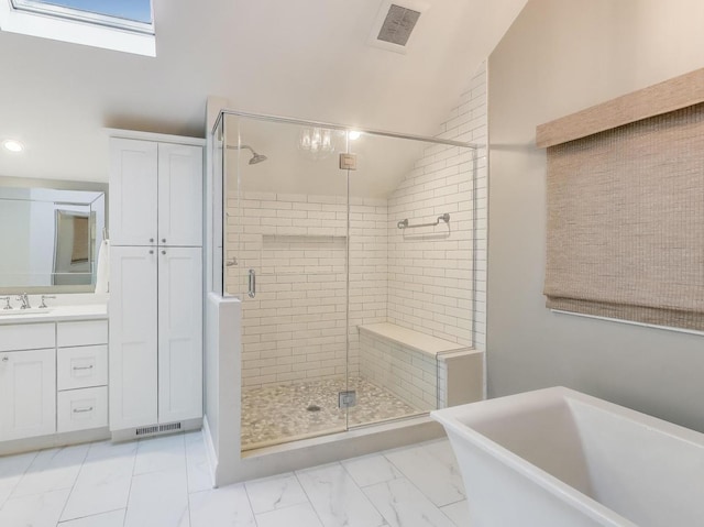 1664 Imperial Cir, Naperville, IL 60563 - full bathroom with a stall shower, a soaking tub, vanity, marble finish floors, and vaulted ceiling