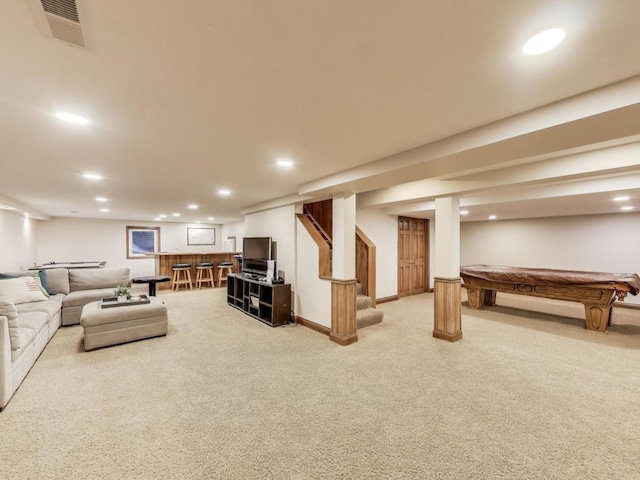 1664 Imperial Cir, Naperville, IL 60563 - carpeted living room featuring billiards, recessed lighting, stairs, baseboards, and bar