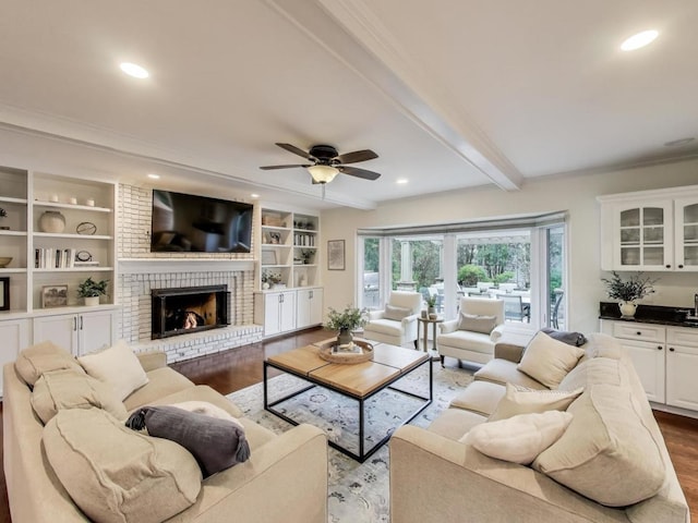 1664 Imperial Cir, Naperville, IL 60563 - living room featuring wood finished floors, a fireplace, ceiling fan, beamed ceiling, and recessed lighting