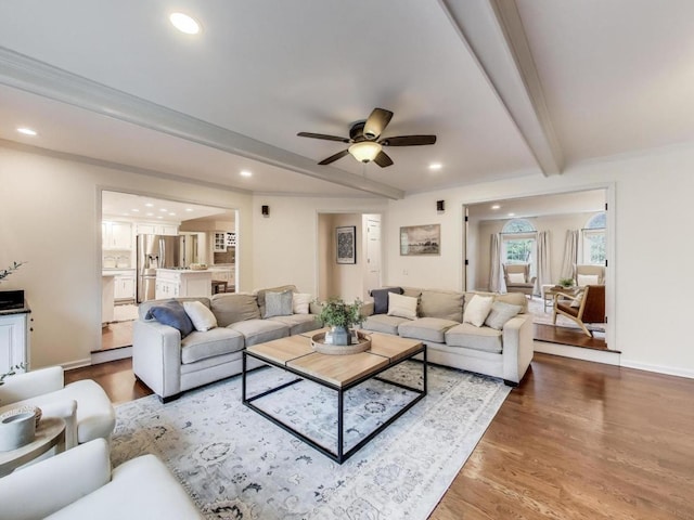 1664 Imperial Cir, Naperville, IL 60563 - living area with beam ceiling, a ceiling fan, recessed lighting, wood finished floors, and baseboards