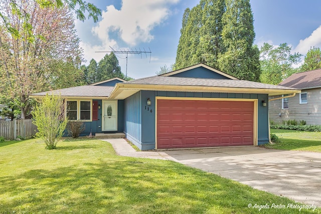 ranch-style house with board and batten siding, a garage, roof with shingles, and driveway