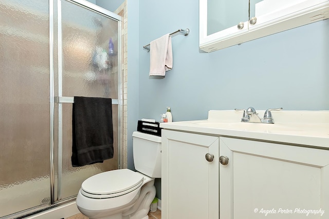 full bathroom featuring a shower stall, toilet, and vanity
