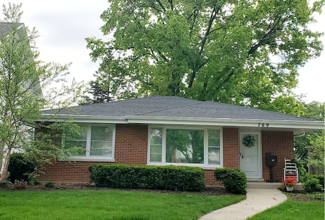 view of front of property featuring brick siding and a front yard