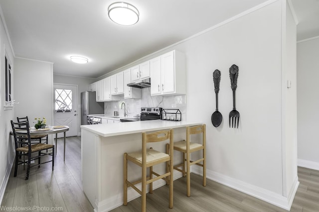kitchen featuring stainless steel appliances, a sink, light wood-style floors, crown molding, and under cabinet range hood