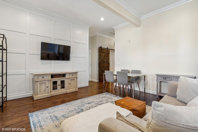 1460 W Ohio St Unit 3R, Chicago, IL 60642 - living room featuring a barn door, dark wood-style flooring, recessed lighting, crown molding, and baseboards