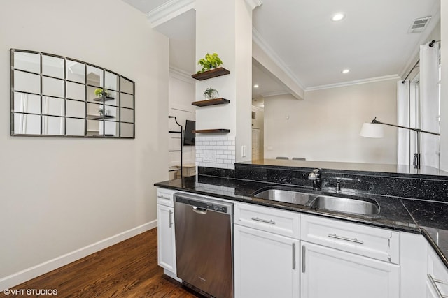 1460 W Ohio St Unit 3R, Chicago, IL 60642 - kitchen featuring stainless steel dishwasher, a sink, open shelves, ornamental molding, and dark wood finished floors
