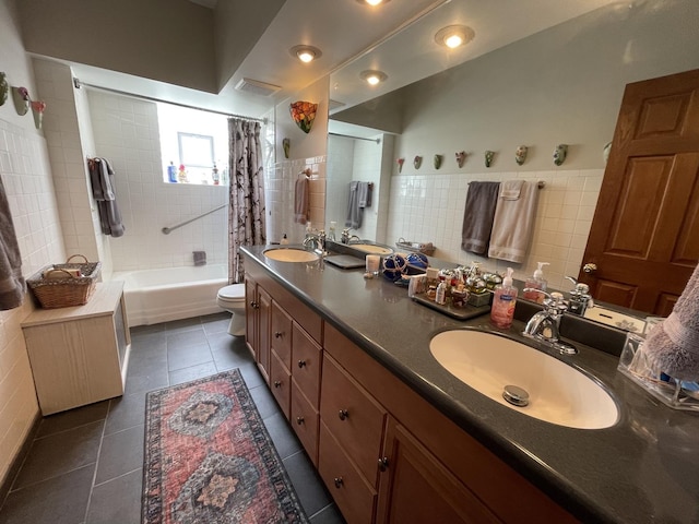 9600 W Shore Dr, Oak Lawn, IL 60453 - bathroom featuring toilet, tile patterned flooring, shower / bath combo with shower curtain, double vanity, and tile walls