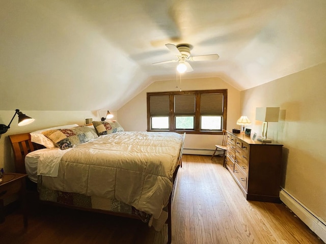 9600 W Shore Dr, Oak Lawn, IL 60453 - bedroom with a baseboard radiator, wood finished floors, vaulted ceiling, and ceiling fan