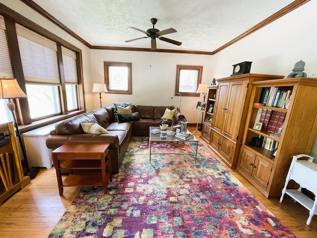 9600 W Shore Dr, Oak Lawn, IL 60453 - living room with light wood-style flooring, a textured ceiling, plenty of natural light, ceiling fan, and crown molding