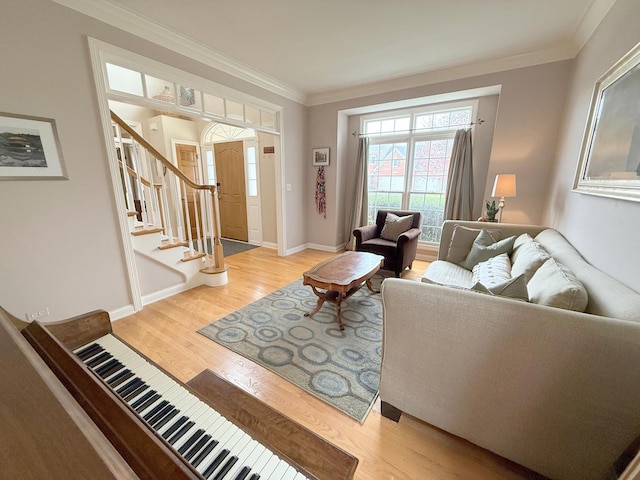 40W095 Carl Sandburg Rd, Saint Charles, IL 60175 - living area with light wood-type flooring, ornamental molding, stairs, and baseboards