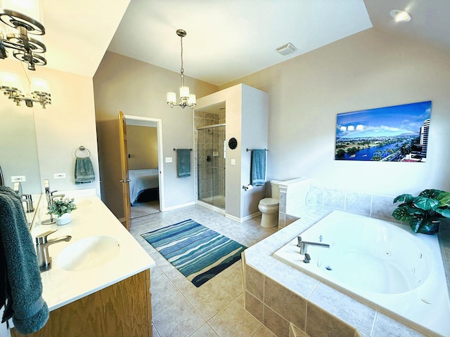 40W095 Carl Sandburg Rd, Saint Charles, IL 60175 - ensuite bathroom with a chandelier, a stall shower, lofted ceiling, a jetted tub, and toilet