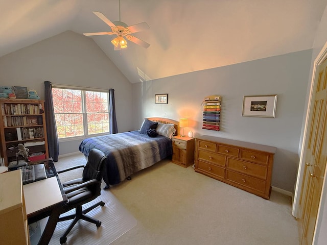 40W095 Carl Sandburg Rd, Saint Charles, IL 60175 - bedroom featuring light carpet, vaulted ceiling, an office area, a ceiling fan, and baseboards