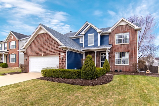 traditional-style home featuring concrete driveway, a garage, brick siding, a front lawn, and roof with shingles