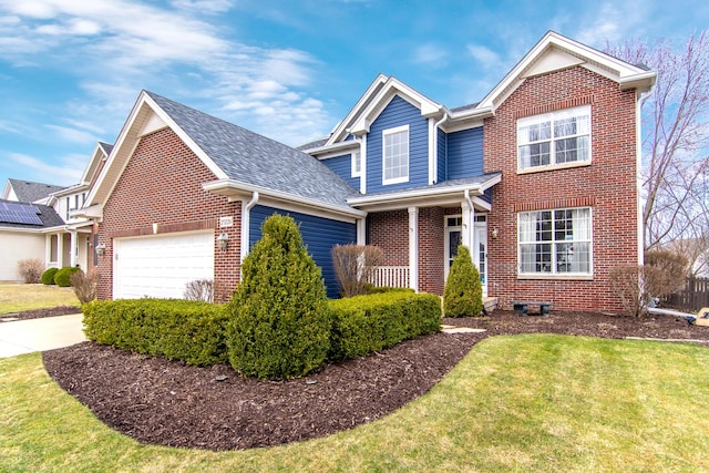 traditional-style home with brick siding, a garage, concrete driveway, a front yard, and roof with shingles
