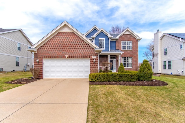 traditional home with brick siding, concrete driveway, a front lawn, and a garage