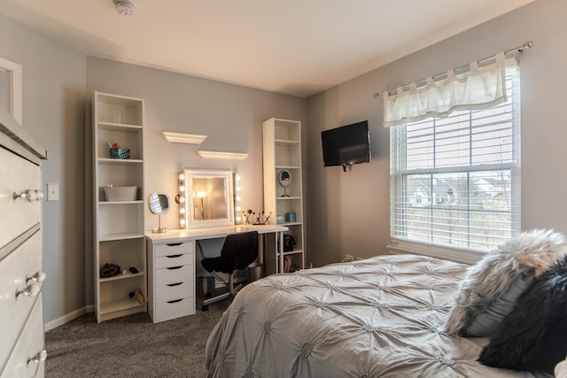 bedroom featuring dark colored carpet