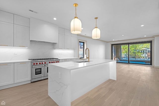 1646 N Orchard St Unit 2, Chicago, IL 60614 - kitchen featuring double oven range, a sink, light wood finished floors, backsplash, and recessed lighting