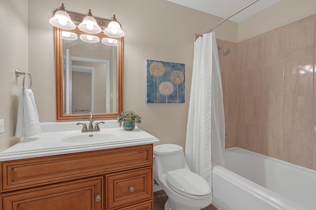 full bathroom with toilet, vanity, and shower / bathtub combination with curtain