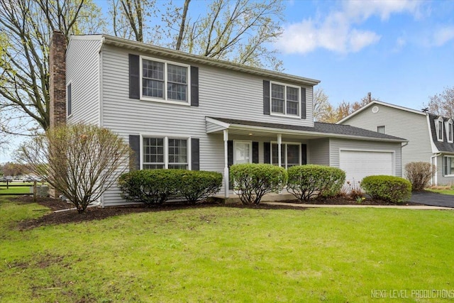 554 Carriage Hill Rd, Naperville, IL 60565 - traditional-style house featuring a garage, a front yard, driveway, a chimney, and covered porch