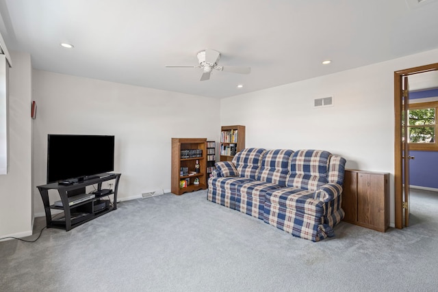 living area with carpet, ceiling fan, recessed lighting, and baseboards