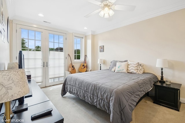 518 Winnetka Ave Unit 203, Winnetka, IL 60093 - bedroom featuring french doors, light carpet, access to exterior, crown molding, and ceiling fan