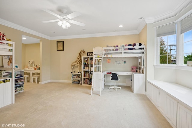 518 Winnetka Ave Unit 203, Winnetka, IL 60093 - bedroom with light colored carpet, a desk, ornamental molding, a ceiling fan, and recessed lighting