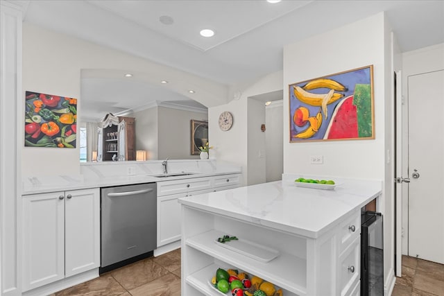 1630 Sheridan Rd Unit 1K, Wilmette, IL 60091 - kitchen with stainless steel dishwasher, open shelves, a sink, white cabinetry, and light stone countertops