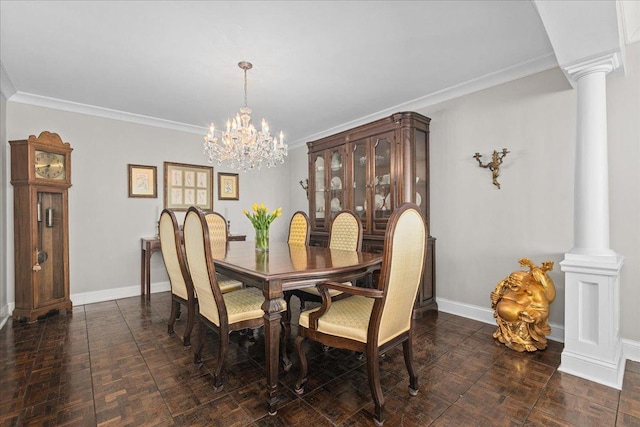 1630 Sheridan Rd Unit 1K, Wilmette, IL 60091 - dining space with a chandelier, baseboards, decorative columns, and crown molding