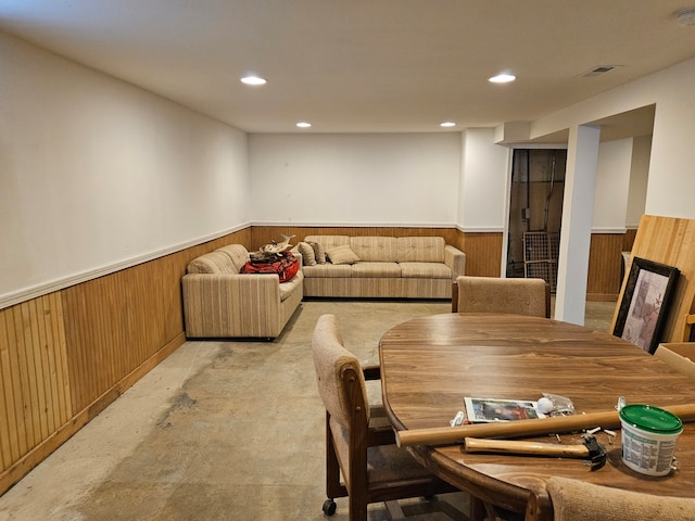 6710 W Harts Rd, Niles, IL 60714 - living room with a wainscoted wall, recessed lighting, wooden walls, and light carpet