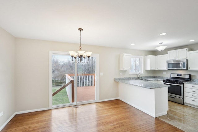 kitchen featuring appliances with stainless steel finishes, a sink, a peninsula, white cabinets, and recessed lighting