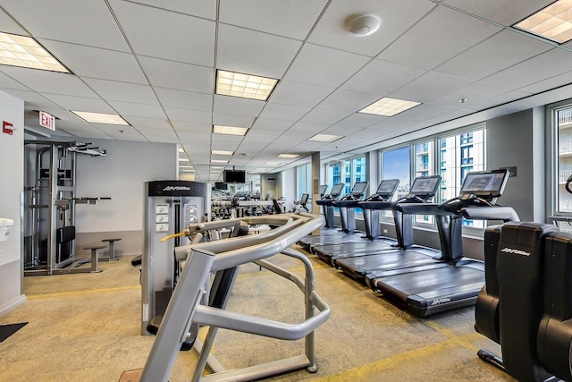 33 W Ontario St Unit 25H, Chicago, IL 60654 - gym with plenty of natural light, a drop ceiling, and carpet floors