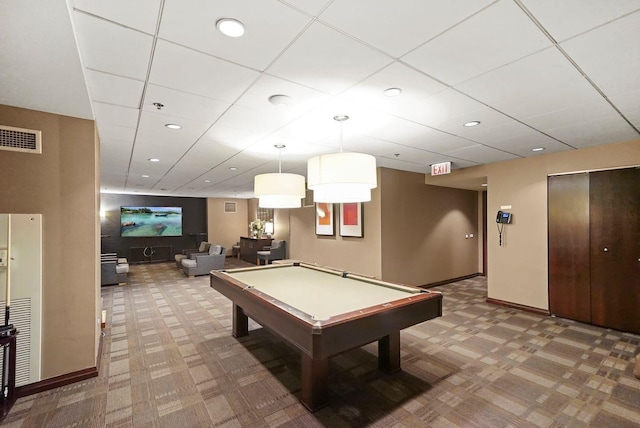 33 W Ontario St Unit 25H, Chicago, IL 60654 - recreation room featuring carpet flooring, billiards table, a paneled ceiling, baseboards, and recessed lighting