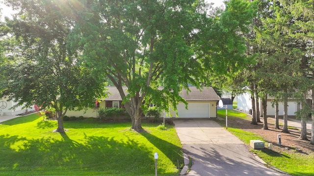 obstructed view of property with driveway, a front lawn, a garage, and roof with shingles
