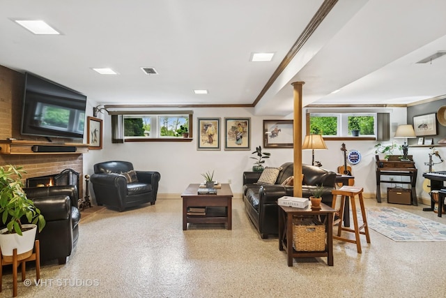 90 Golfview Rd, Lake Zurich, IL 60047 - living area with plenty of natural light, baseboards, ornamental molding, speckle patterned floor, and a brick fireplace