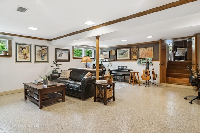 90 Golfview Rd, Lake Zurich, IL 60047 - living room featuring ornamental molding, stairs, speckled floor, and baseboards