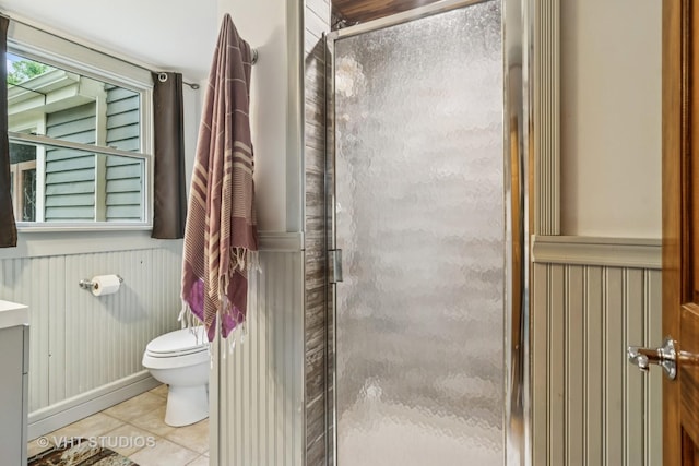 90 Golfview Rd, Lake Zurich, IL 60047 - full bathroom featuring toilet, tile patterned flooring, a shower stall, vanity, and wainscoting