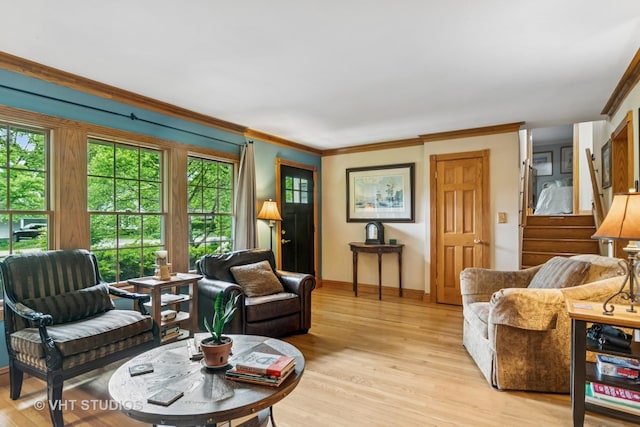 90 Golfview Rd, Lake Zurich, IL 60047 - living room featuring light wood finished floors, crown molding, baseboards, and stairs