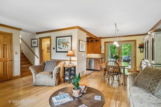 90 Golfview Rd, Lake Zurich, IL 60047 - living area with light wood-style flooring, stairs, ornamental molding, and baseboards