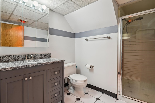 17708 Walter St, Lansing, IL 60438 - bathroom featuring a stall shower, vanity, toilet, baseboards, and a drop ceiling