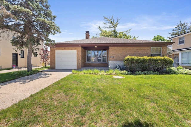 5049 Birchwood Ave, Skokie, IL 60077 - single story home with brick siding, concrete driveway, an attached garage, a front lawn, and a chimney